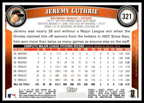 2011 Topps Jeremy Guthrie #321 (Back)