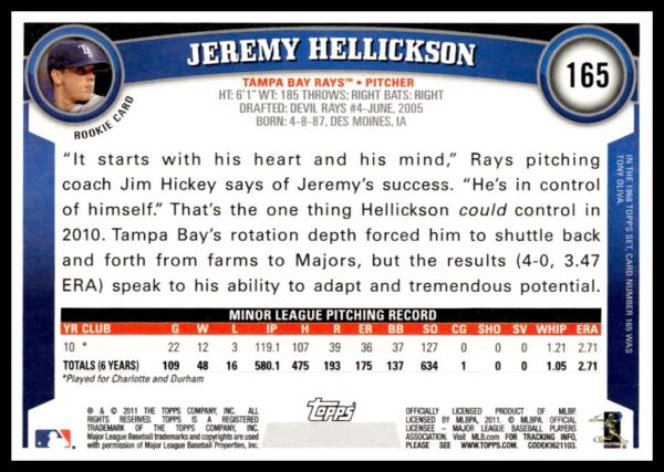 2011 Topps Jeremy Hellickson #165 (Back)