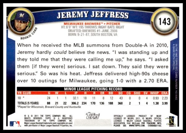 2011 Topps Jeremy Jeffress #143 (Back)