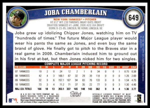 2011 Topps Joba Chamberlain #649 (Back)