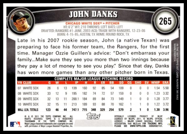 2011 Topps John Danks #265 (Back)