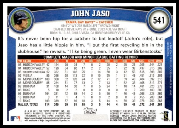 2011 Topps John Jaso #541 (Back)