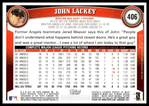 2011 Topps John Lackey #406 (Back)