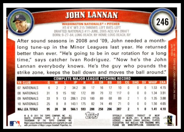 2011 Topps John Lannan #246 (Back)