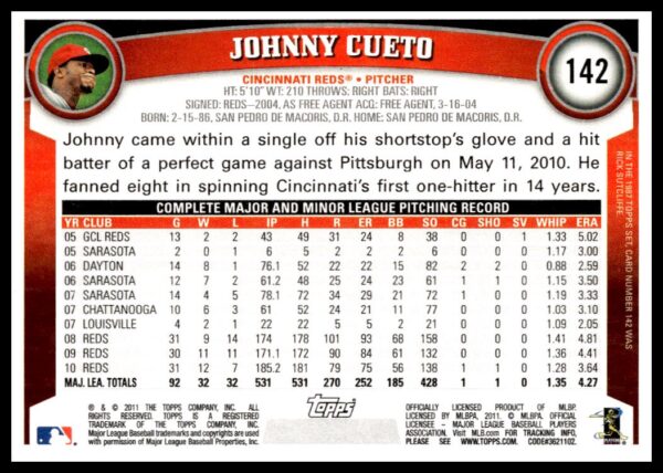 2011 Topps Johnny Cueto #142 (Back)