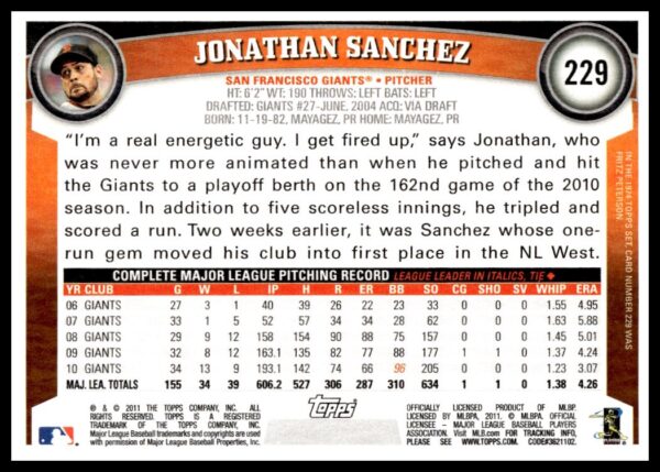 2011 Topps Jonathan Sanchez #229 (Back)