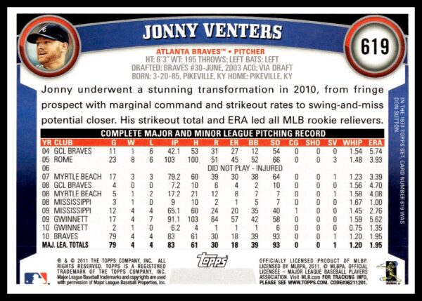 2011 Topps Jonny Venters #619 (Back)