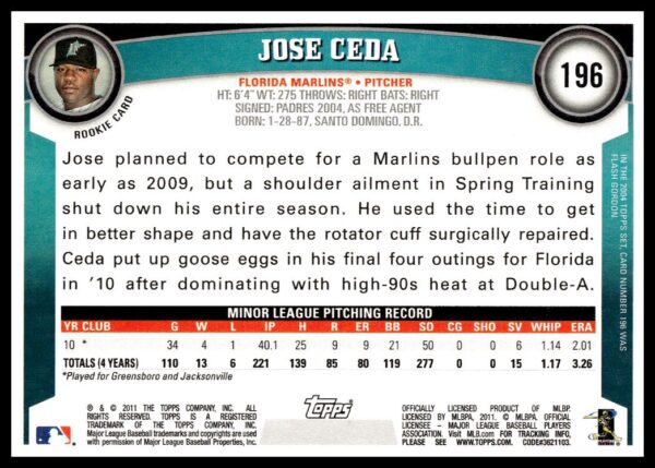 2011 Topps Jose Ceda #196 (Back)