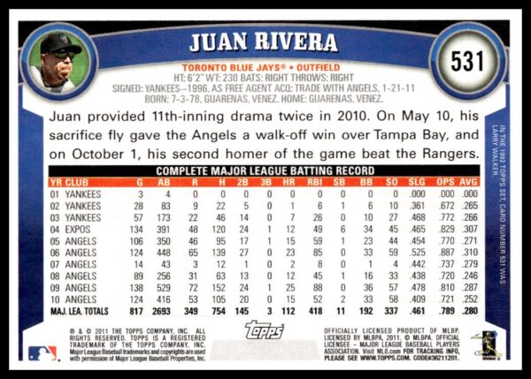 2011 Topps Juan Rivera #531 (Back)