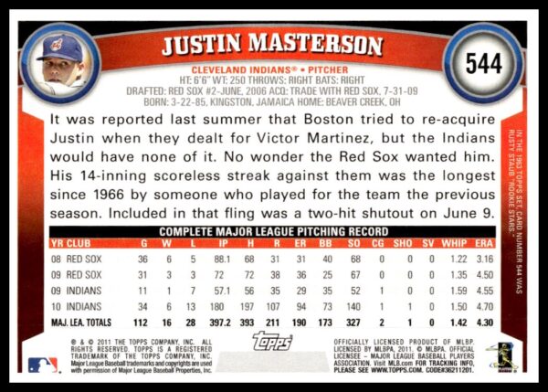 2011 Topps Justin Masterson #544 (Back)