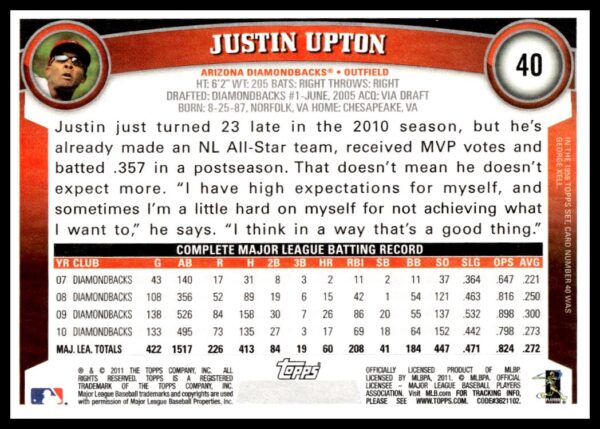 2011 Topps Justin Upton #40 (Back)