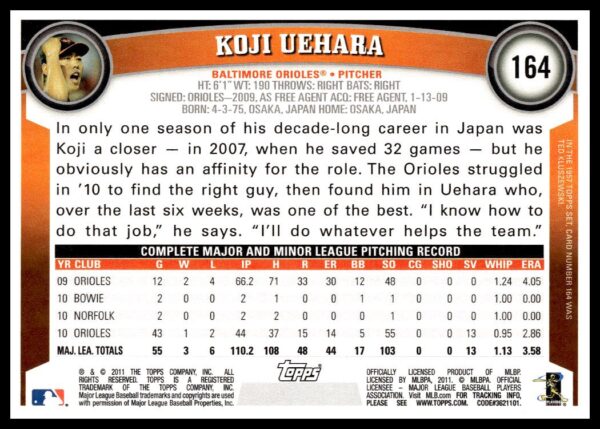 2011 Topps Koji Uehara #164 (Back)