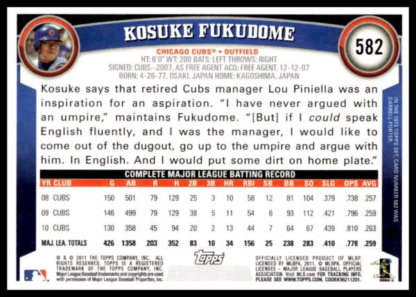 2011 Topps Kosuke Fukudome #582 (Back)