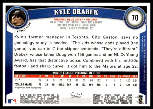 2011 Topps Kyle Drabek #70 (Back)