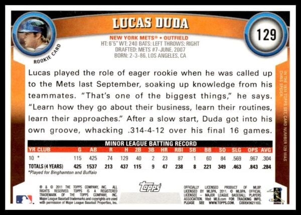 2011 Topps Lucas Duda #129 (Back)