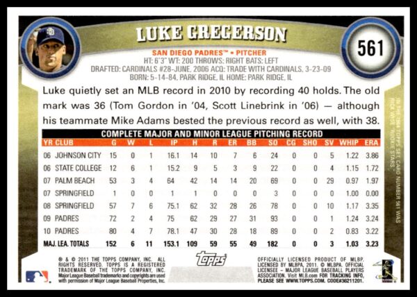 2011 Topps Luke Gregerson #561 (Back)