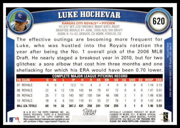 2011 Topps Luke Hochevar #620 (Back)