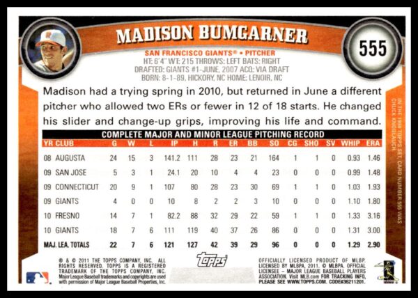 2011 Topps Madison Bumgarner #555 (Back)