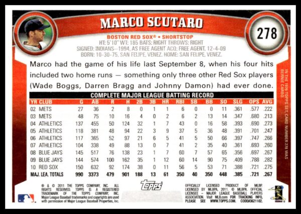 2011 Topps Marco Scutaro #278 (Back)