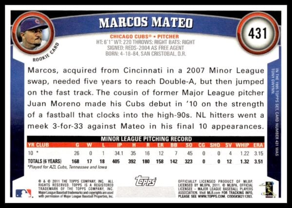 2011 Topps Marcos Mateo #431 (Back)