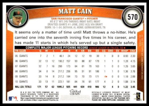 2011 Topps Matt Cain #570 (Back)