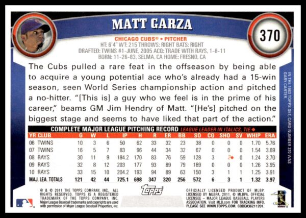 2011 Topps Matt Garza #370 (Back)