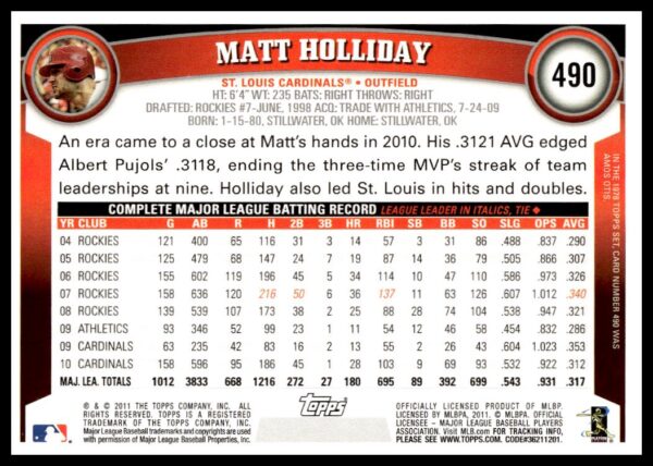 2011 Topps Matt Holliday #490 (Back)