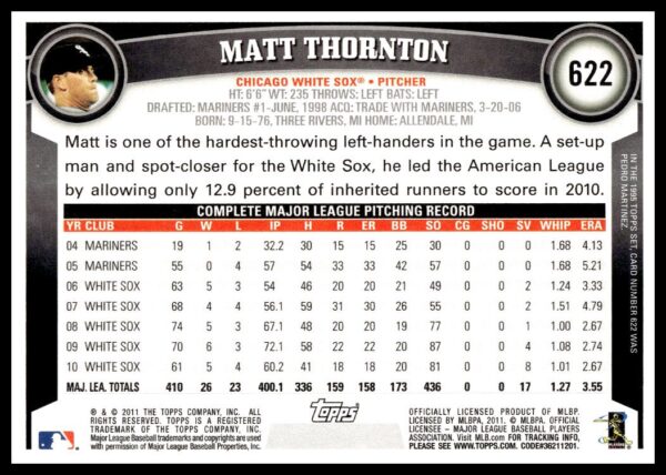 2011 Topps Matt Thornton #622 (Back)