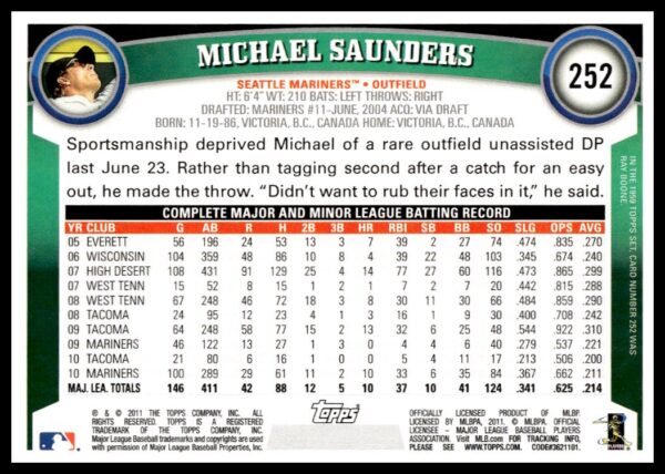 2011 Topps Michael Saunders #252 (Back)