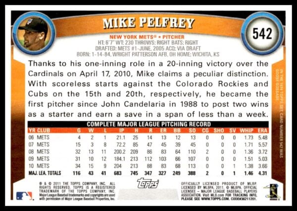 2011 Topps Mike Pelfrey #542 (Back)