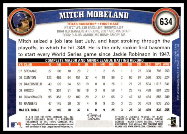 2011 Topps Mitch Moreland #634 (Back)