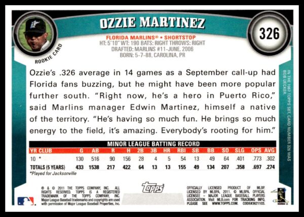 2011 Topps Ozzie Martinez #326 (Back)