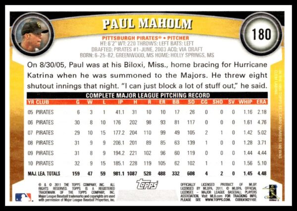 2011 Topps Paul Maholm #180 (Back)