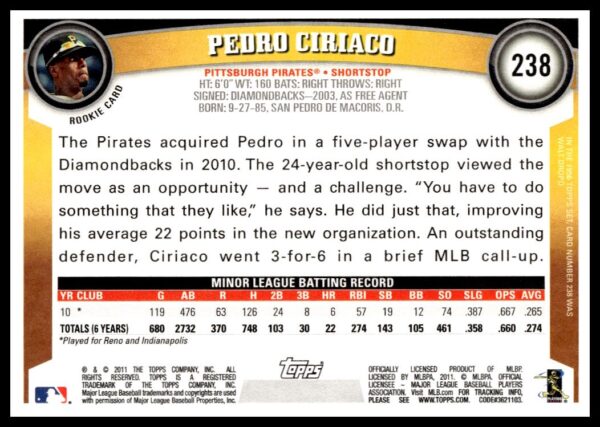 2011 Topps Pedro Ciriaco #238 (Back)