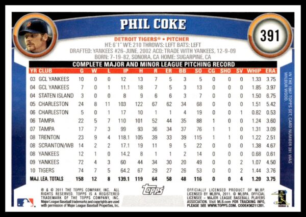 2011 Topps Phil Coke #391 (Back)