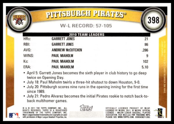 2011 Topps Pittsburgh Pirates #398 (Back)