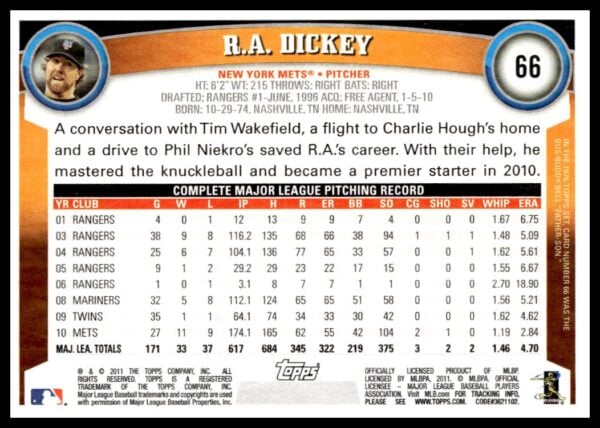 2011 Topps R.A. Dickey #66 (Back)