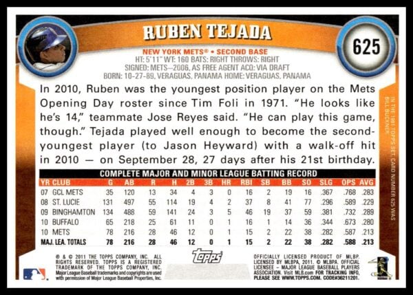 2011 Topps Ruben Tejada #625 (Back)