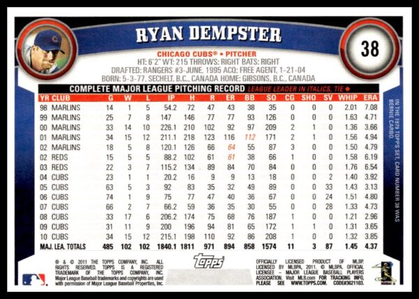 2011 Topps Ryan Dempster #38 (Back)