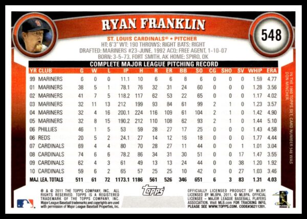 2011 Topps Ryan Franklin #548 (Back)