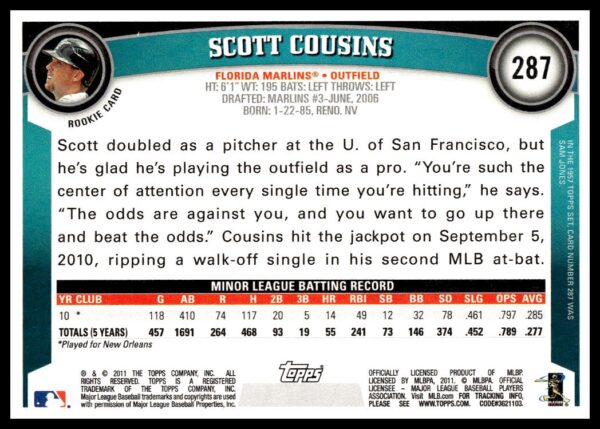 2011 Topps Scott Cousins #287 (Back)