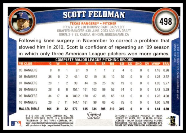 2011 Topps Scott Feldman #498 (Back)