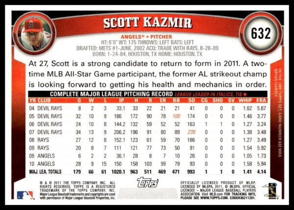 2011 Topps Scott Kazmir #632 (Back)