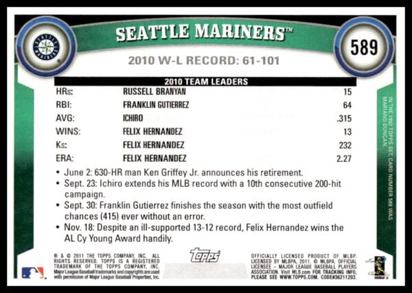 2011 Topps Seattle Mariners #589 (Back)