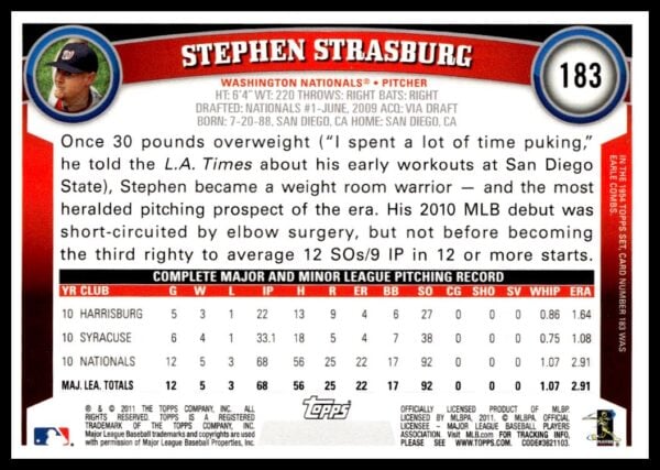 2011 Topps Stephen Strasburg #183 (Back)