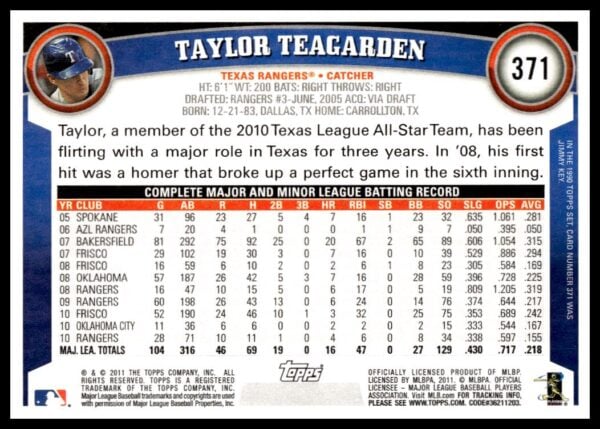 2011 Topps Taylor Teagarden #371 (Back)