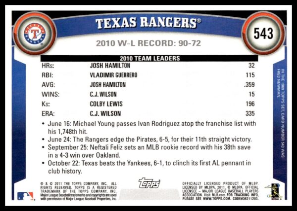 2011 Topps Texas Rangers #543 (Back)