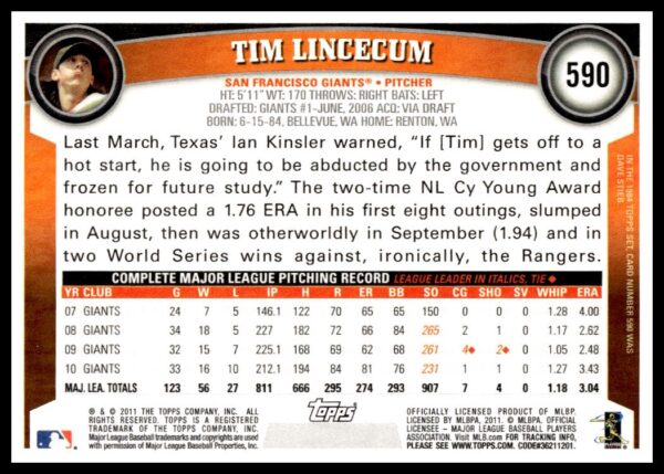 2011 Topps Tim Lincecum #590 (Back)