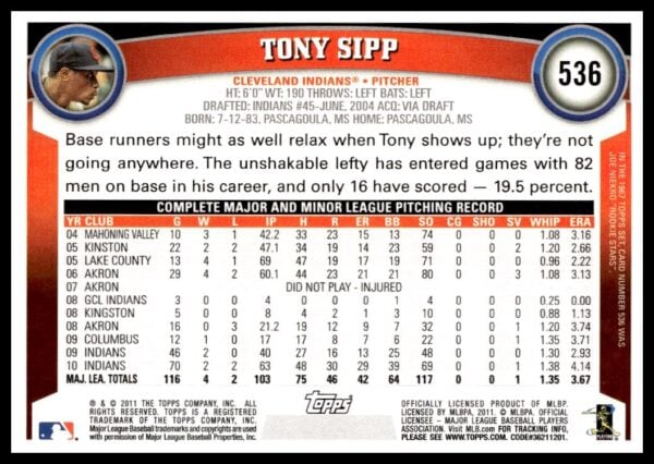 2011 Topps Tony Sipp #536 (Back)