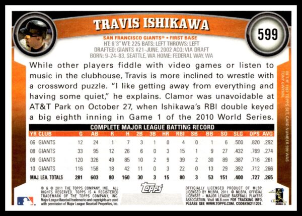 2011 Topps Travis Ishikawa #599 (Back)